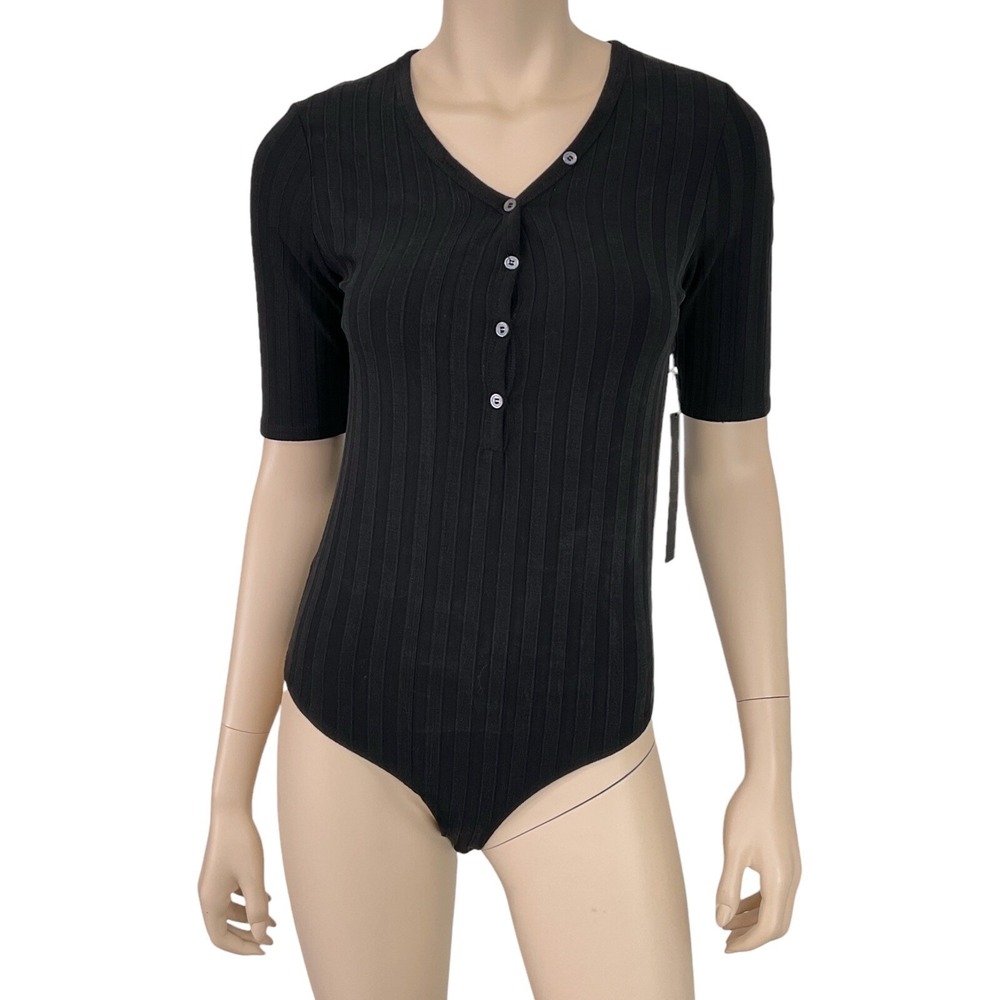 House of Harlow Top Women Medium Black Short Sleeve Henley Bodysuit T-Shirt NWT
